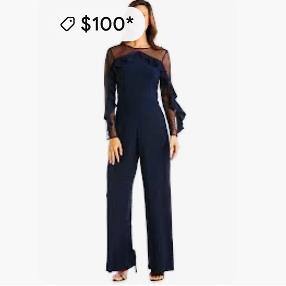R&M Richards NWT Wide Leg Jumpsuit Ruffle Illusion Mesh Navy Plus Size Petite - Picture 15 of 15